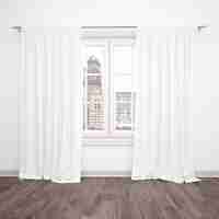 Free PSD window with white curtains, blank room with wooden floor