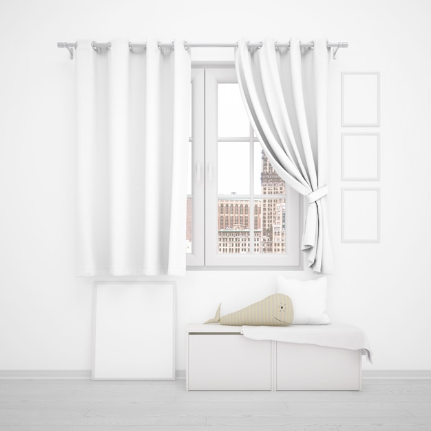 白いカーテン、シンプルな家具、フォトフレームを備えた窓