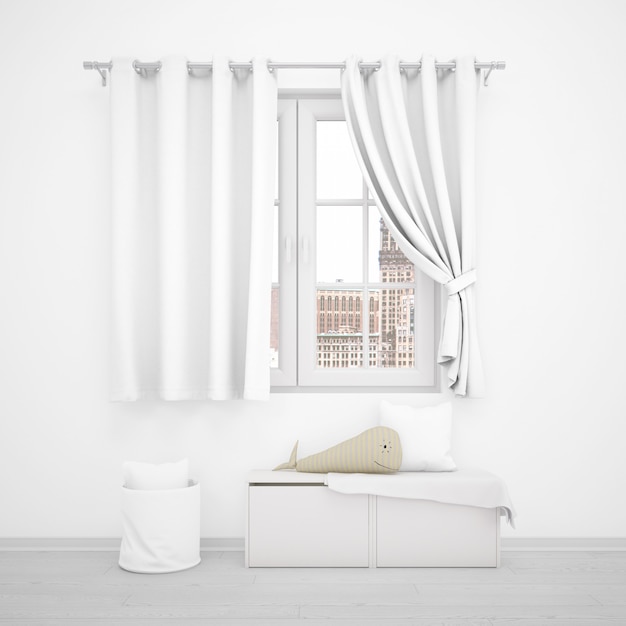Окно с белыми занавесками и минималистской мебелью