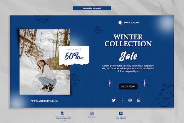 Winter collection fashion sale luxury blue web banner social media template