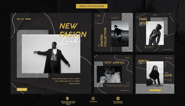 Winter fashion collection luxury minimalist grey themes 5 instagram post feed template bundle