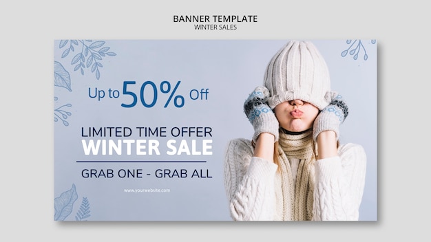 Winter sale banner template with woman