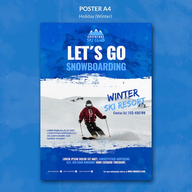 Бесплатный PSD Шаблон плаката зимнего горнолыжного курорта