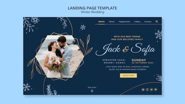 PSD gratuito modello di pagina di destinazione del matrimonio invernale