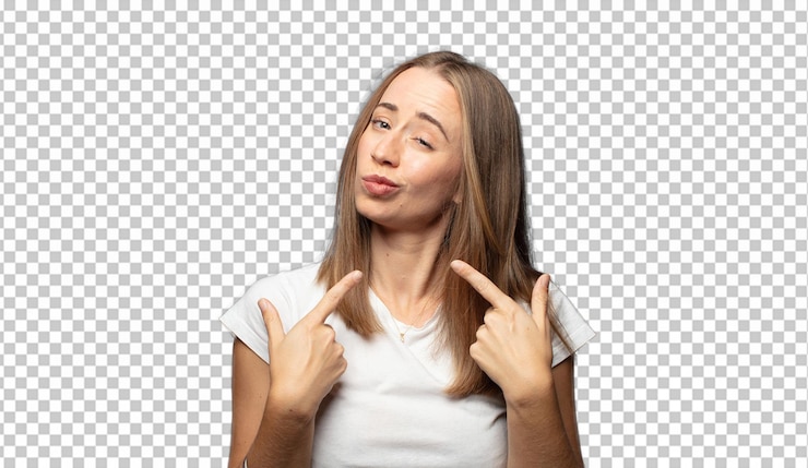 Free PSD with a bad attitude looking proud and aggressive pointing upwards or making fun sign with hands