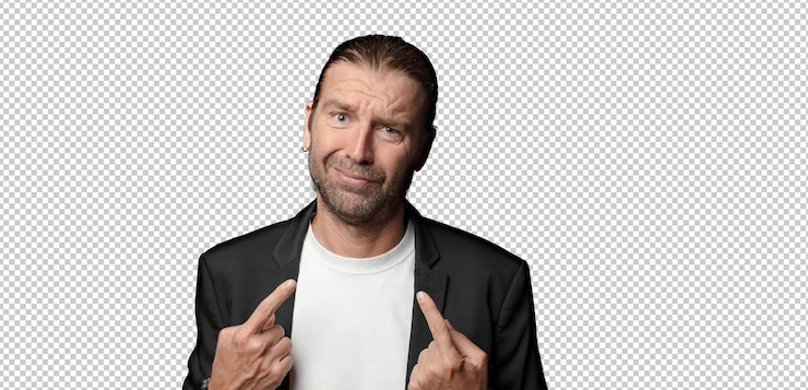 Free PSD with a bad attitude looking proud and aggressive pointing upwards or making fun sign with hands