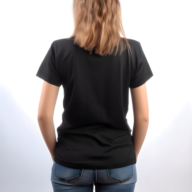 Woman in blank black t shirt back view mock up for design