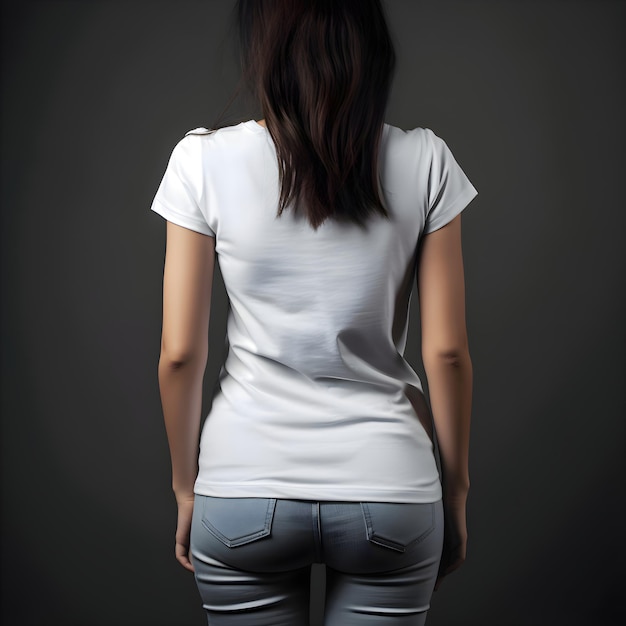Free PSD woman in blank white t shirt back side on dark background