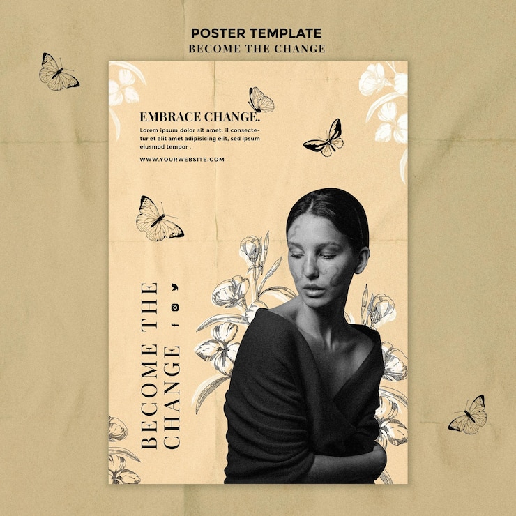 Free PSD woman and butterflies poster template