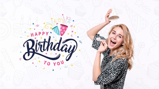 Excited woman with birthday mock-up PSD file | Free Download