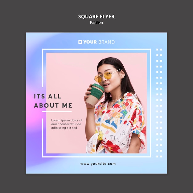 Free PSD woman drinking coffee fashion square flyer template