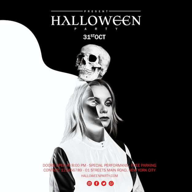 Бесплатный PSD Женщина держит череп на голове на хэллоуин в черно-белом