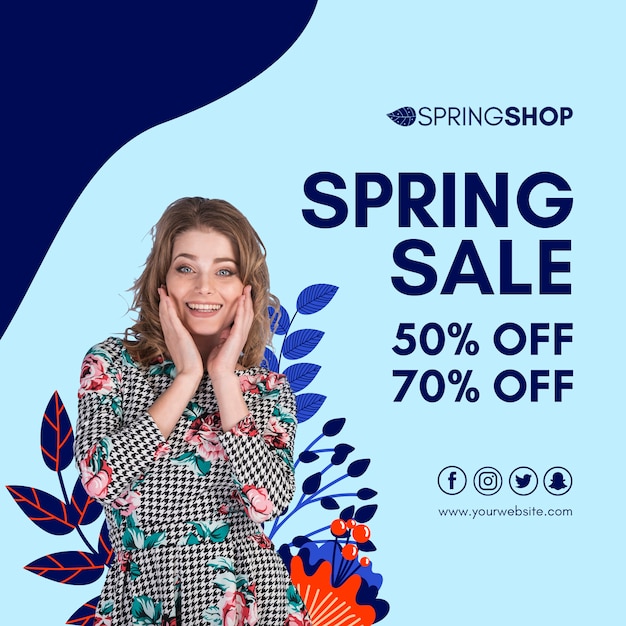 Woman and leaves spring sale square flyer – Free PSD download