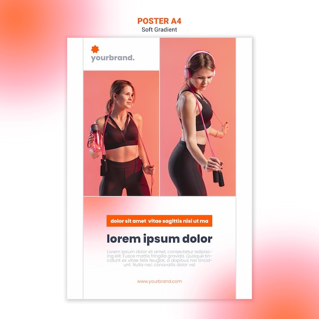 PSD gratuito donna che ascolta il modello di poster fitness musica