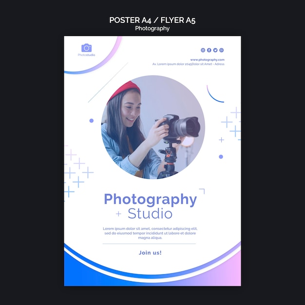 Woman and modern camera poster template