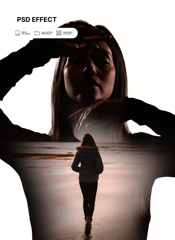 Free PSD woman's silhouette with double exposure effect on the beach