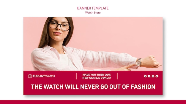 Free PSD woman showing her new watch banner template