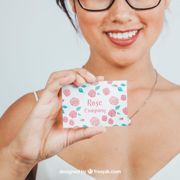 Woman, smile and mock up of business card