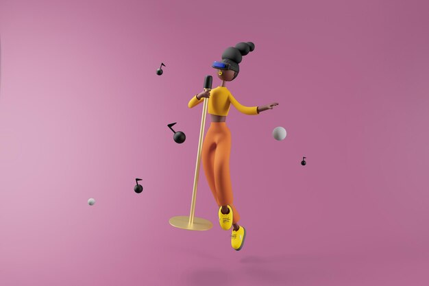 Женщина, использующая очки виртуальной реальности и поющая песню на изолированном фоне 3d иллюстрация Герои мультфильмов