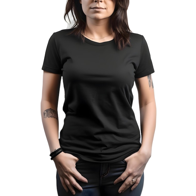 무료 PSD 클리핑 경로와 함께 색 배경에 고립 된 빈 검은 티 셔츠를 입은 여성