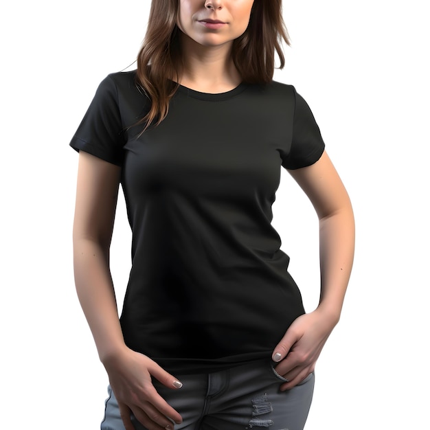 PSD gratuito donna che indossa una maglietta nera vuota su sfondo bianco