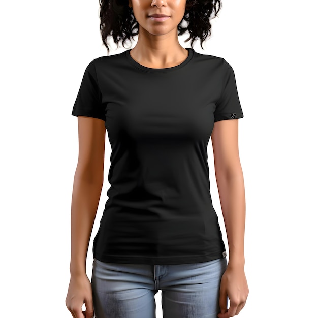 Free PSD woman wearing blank black t shirt with clipping path on white background