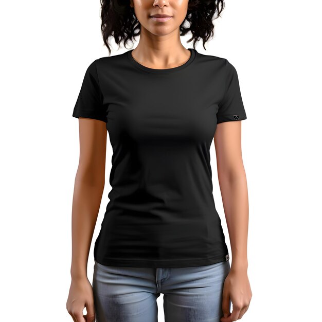 Woman wearing blank black t shirt with clipping path on white background