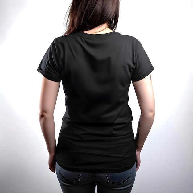 Free PSD woman wearing blank black t shirt with space for your logo or design