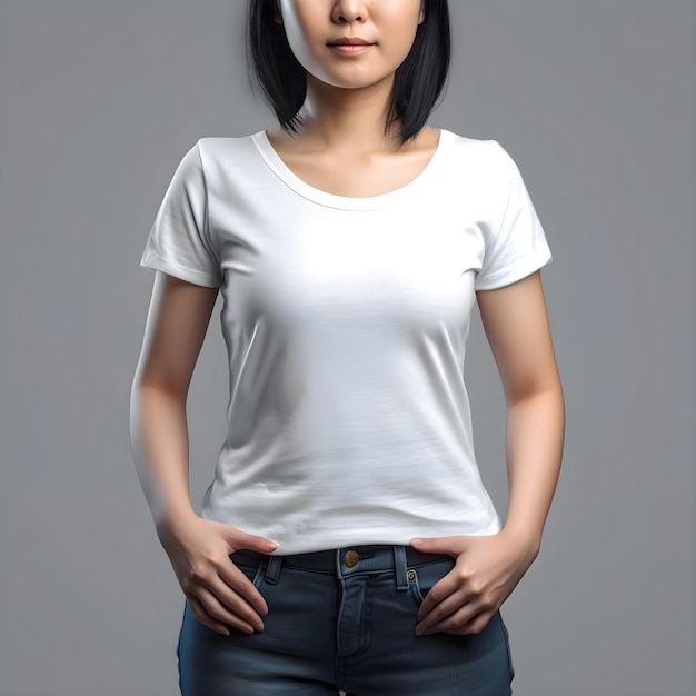 Woman wearing white t-shirt with clipping path on grey background – Free PSD download