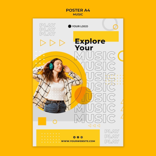 Woman wearing headphones poster template