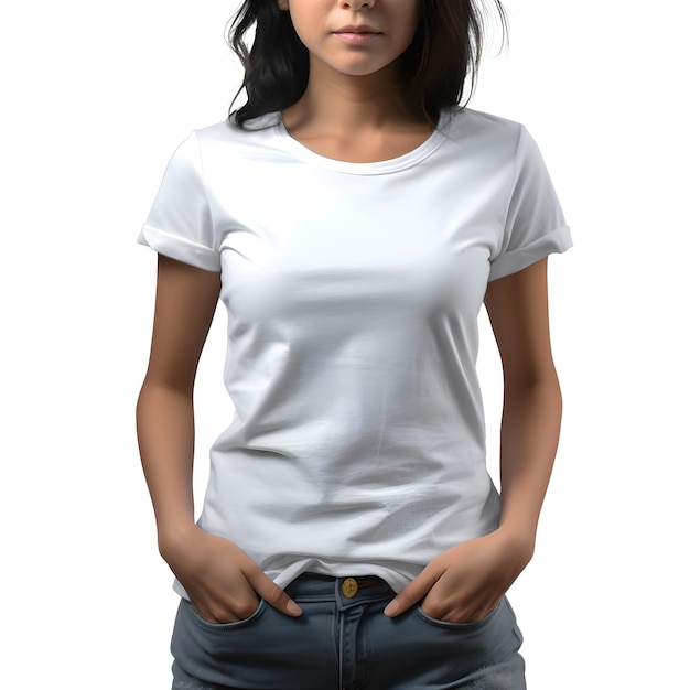 Woman with blank white t shirt on white background mock up