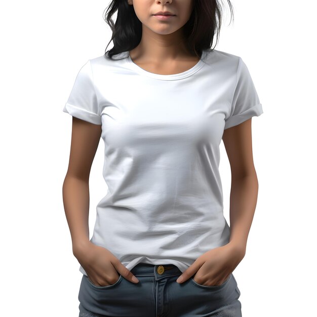白い背景の白いTシャツを着た女性モックアップ