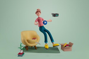 PSD gratuito donna con occhiali e libri per realtà virtuale in soggiorno su sfondo isolato 3d illustrazione personaggi dei cartoni animati