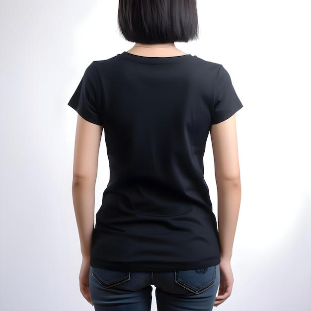 Women's blank black t shirt back side isolated on white background