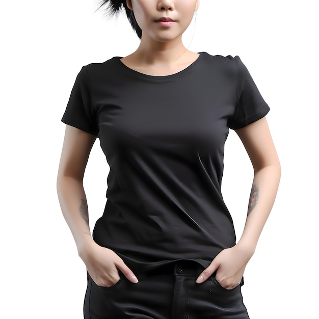 PSD gratuito donne che indossano una maglietta nera vuota isolata su sfondo bianco con percorso di ritaglio