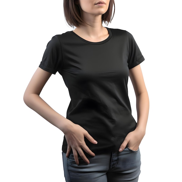 無料PSD 白い背景のクリッピングパスで空白の黒いtシャツを着た女性