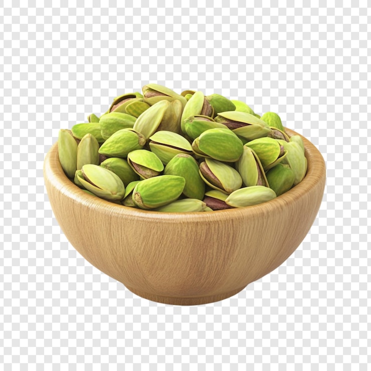 免費 PSD 一個充滿美味 pistachios 的木碗,一個健康而美味的零食
