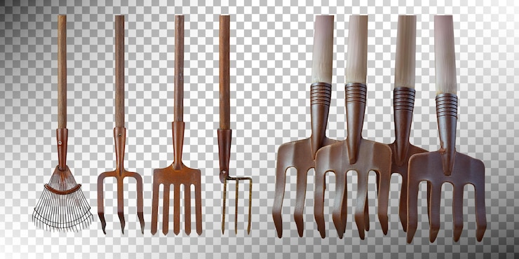 Free PSD wooden garden tools collection on transparent background