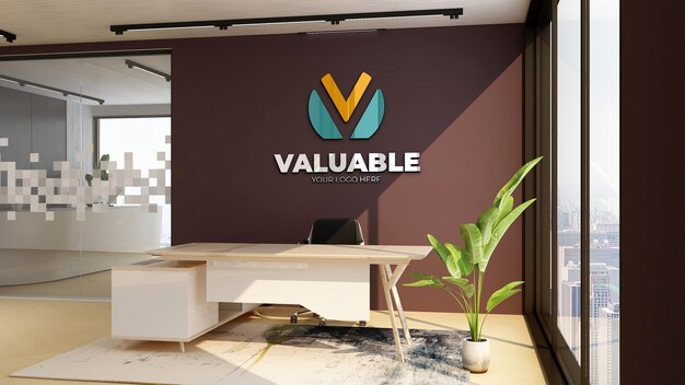 The wooden office manager or working room for company branding logo mockup