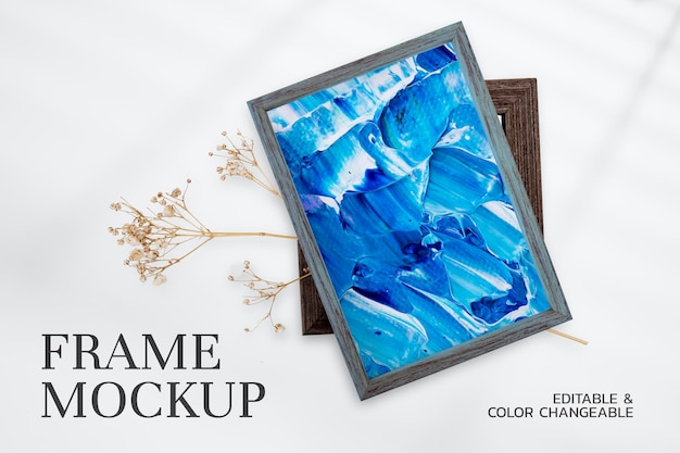 Free PSD wooden picture frame mockup psd with colorful painting