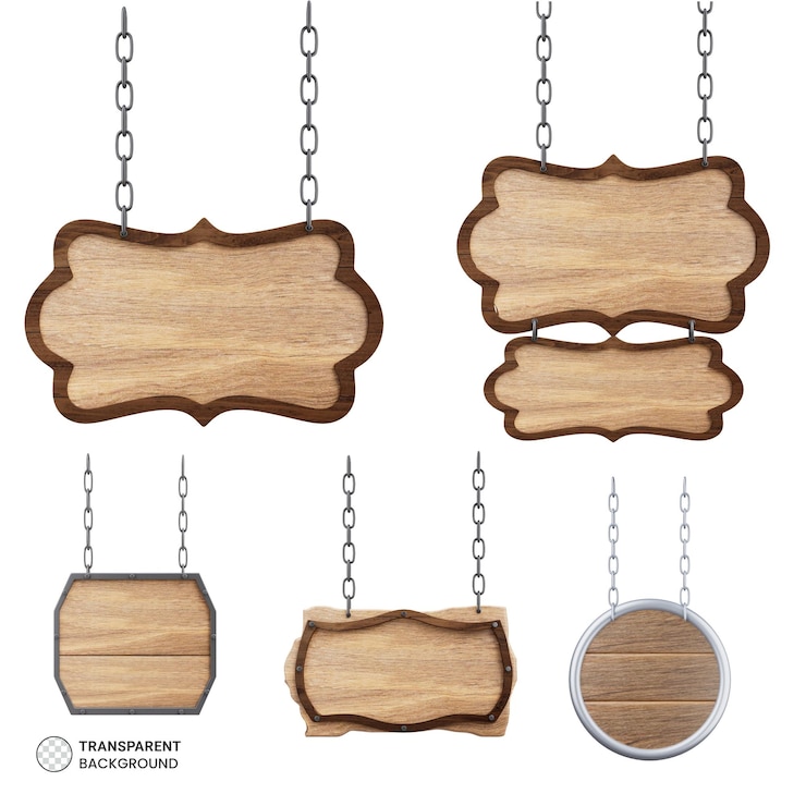 Free PSD wooden sign board hanging icons set 3d render illustration