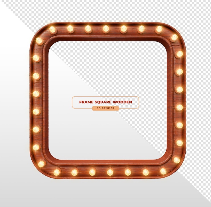 Free PSD wooden square frame with light bulbs 3d render
