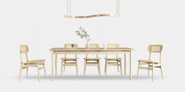Wooden table and chairs in 3d rendering Premium Psd