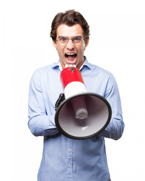 Worker using a megaphone to give orders