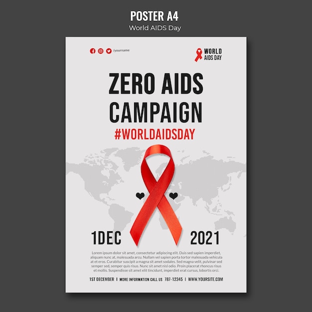 Free PSD world aids day poster template with red ribbon