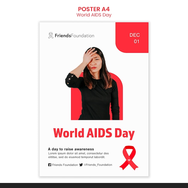 PSD gratuito modello di stampa per la giornata mondiale dell'aids con dettagli rossi