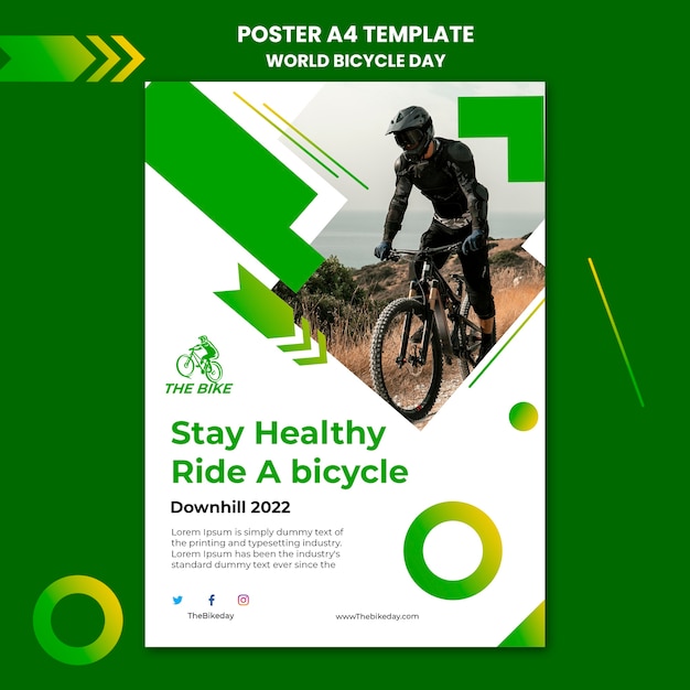 PSD gratuito modello di poster verticale per la giornata mondiale della bicicletta con motociclista