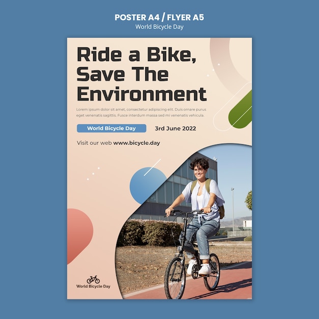 PSD gratuito modello di poster verticale per la giornata mondiale della bicicletta con persona che usa la bici