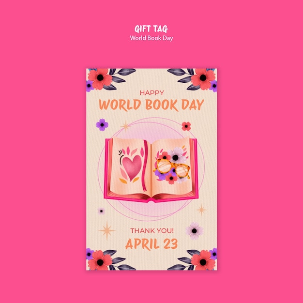 PSD gratuito modello di etichetta regalo per la celebrazione della giornata mondiale del libro