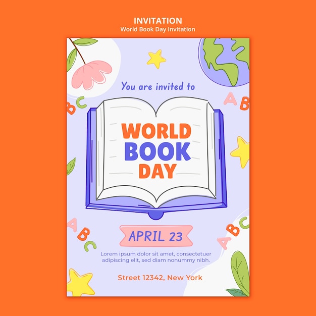 Бесплатный PSD Шаблон приглашения на празднование всемирного дня книги